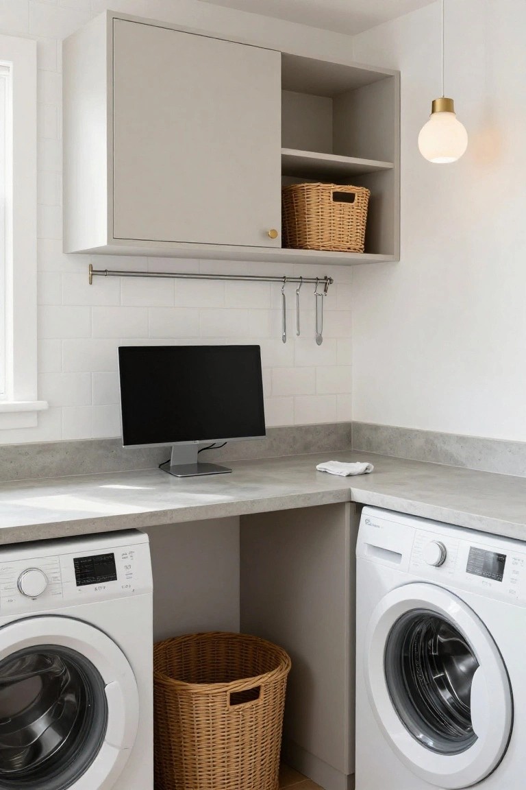 Corner laundry room with two white front-load washers under a gray countertop desk supporting a black monitor, overhead open gray shelving with wicker baskets, subway tile backsplash, hanging drying rod, and pendant light.