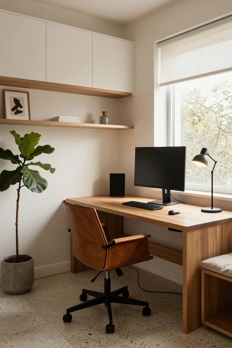 Modern home office corner with oak wood desk, tan leather swivel chair, black computer monitor and speaker, keyboard, mouse, desk lamp, large potted fiddle leaf fig plant, white upper cabinets, floating oak shelves, and window with sheer blinds.