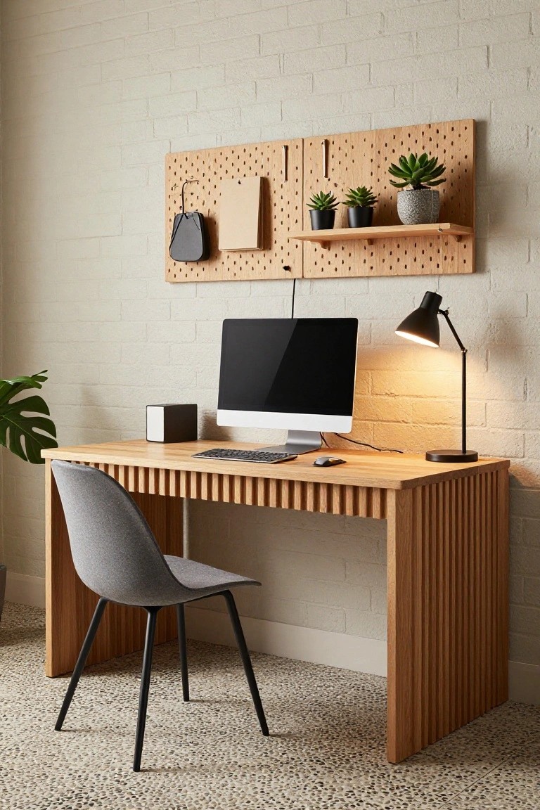 Light oak wooden desk with vertical slats on sides and front, iMac monitor and keyboard on top, gray curved chair underneath, black desk lamp, pegboard wall with plants above, in room with beige brick walls and pebble tile floor.