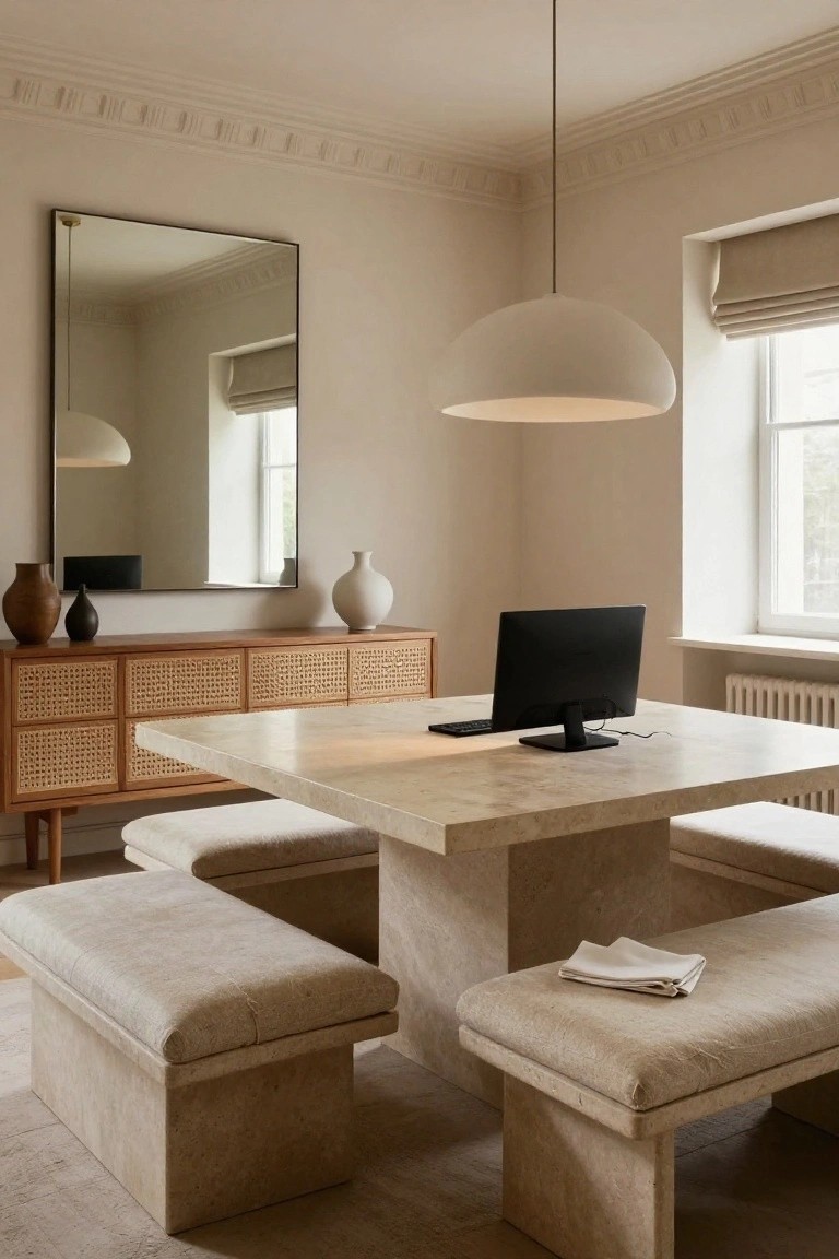 Light beige room with square travertine pedestal table, beige upholstered benches, black computer monitor on table, rattan sideboard with ceramic vases, tall black-framed mirror, large white pendant light, and Roman shades on windows.