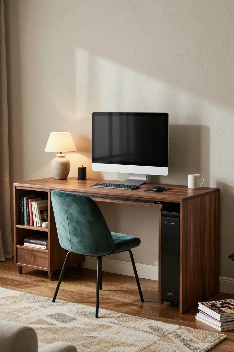 Walnut wood desk with built-in side shelves, drawers, and cable management in a home office, featuring a green velvet chair, black computer monitor, desk lamp, and stacked books on beige walls with wood flooring.
