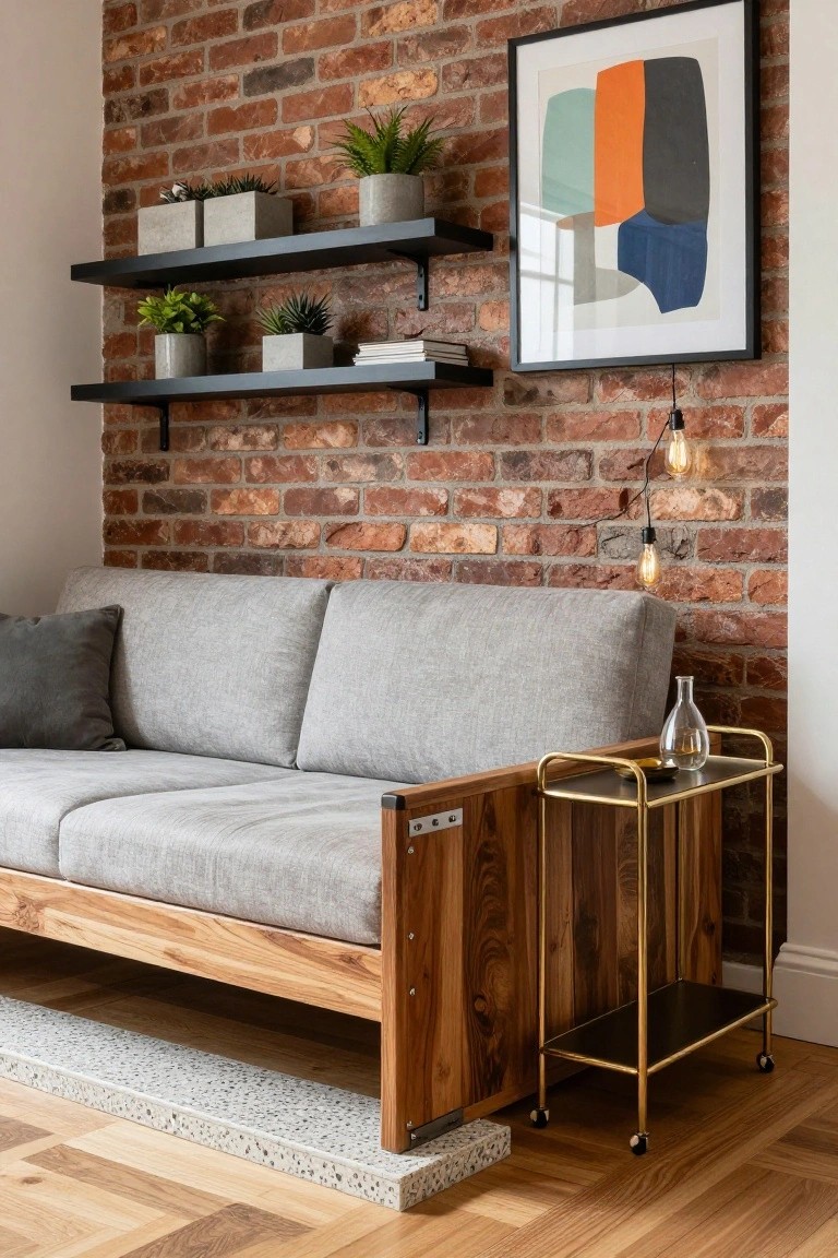 Gray fabric sofa with wooden frame against exposed brick wall featuring black floating shelves with plants and books, gold metal cart with glass bottle nearby, pendant Edison lights, and wood plank flooring.