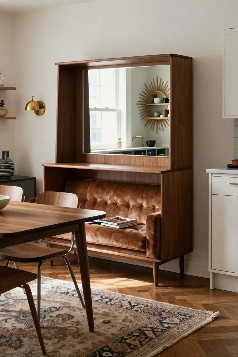 Dining area with built-in walnut booth upholstered in rust velvet cushions, wooden table and chairs, mirror cabinet above booth, white kitchen cabinets, gold wall light, and herringbone wood floor with patterned rug.