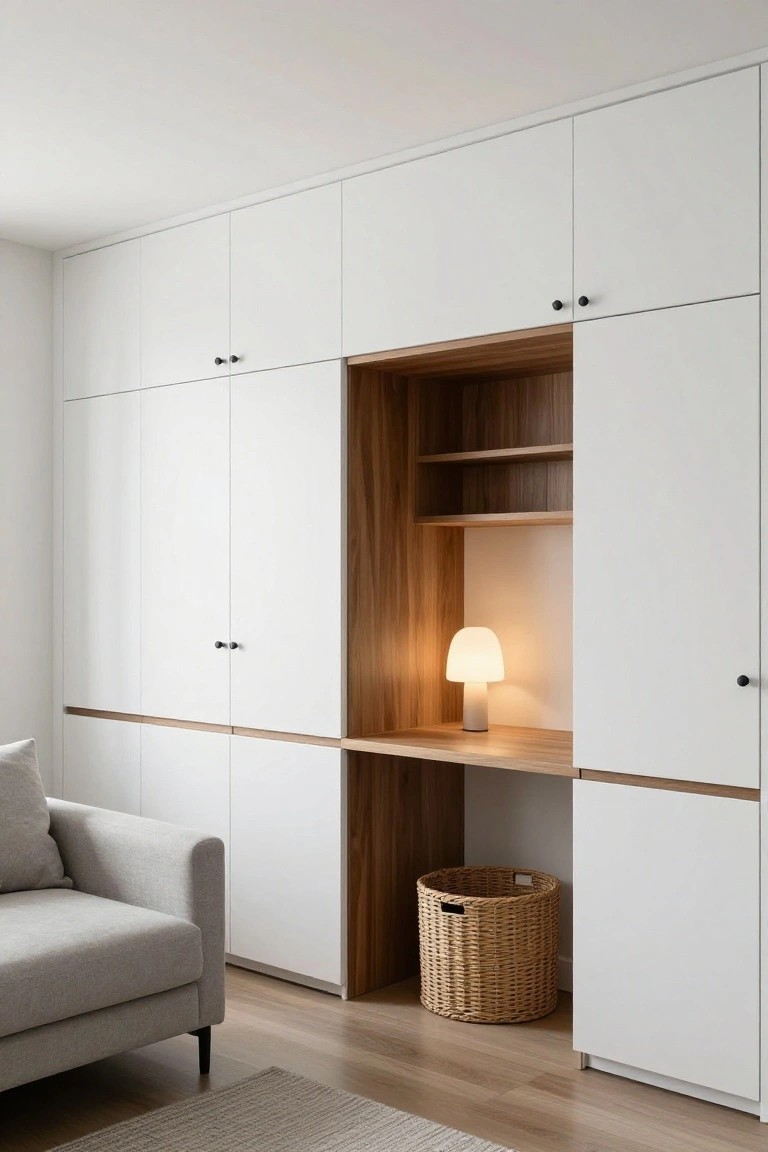 Tall white wardrobes with recessed wooden shelving and desk area in between, featuring a white lamp on the desk, wicker basket below, and gray armchair nearby on wooden floor.