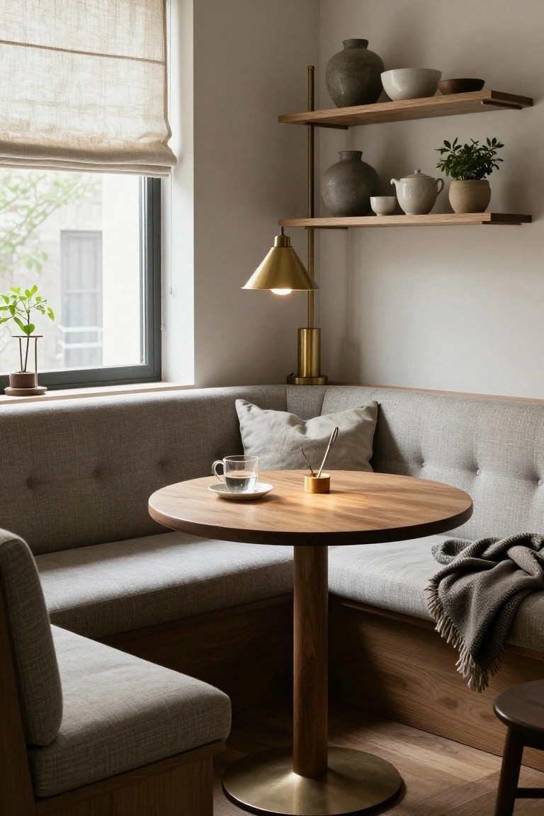 Light-filled interior corner with gray fabric banquette seating around a wooden round pedestal table set with a teacup, brass floor lamp, floating oak shelves holding ceramics and plants, linen blinds on window, and wool throw on bench.