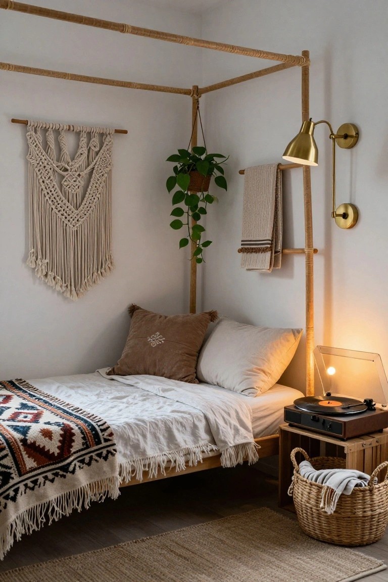 Corner bedroom with bamboo canopy bed frame, neutral linens and pillows, macrame wall hanging, potted trailing plant, brass wall sconces, wooden towel rack, record player on crate stool, and wicker basket holding towels on seagrass rug.