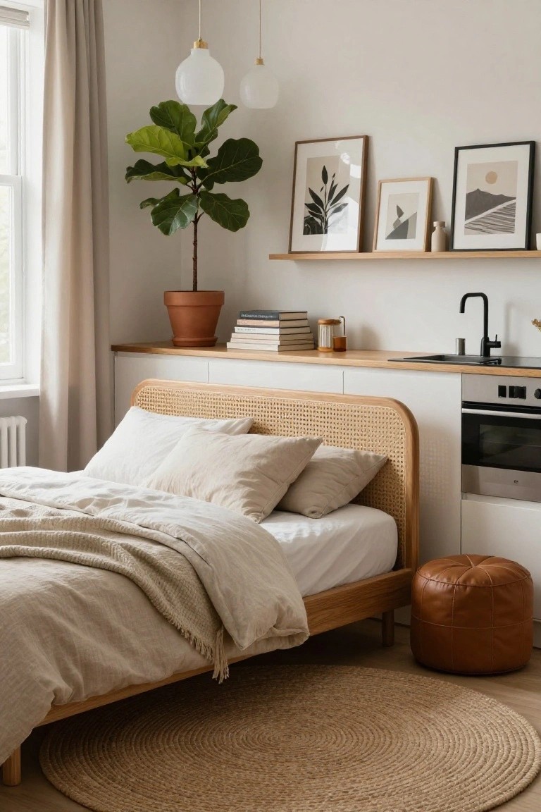 Studio apartment corner with a bed featuring rattan headboard and light linens next to a white kitchen counter, shelves with books and art above, potted plant, and tan leather pouf on wood floors.