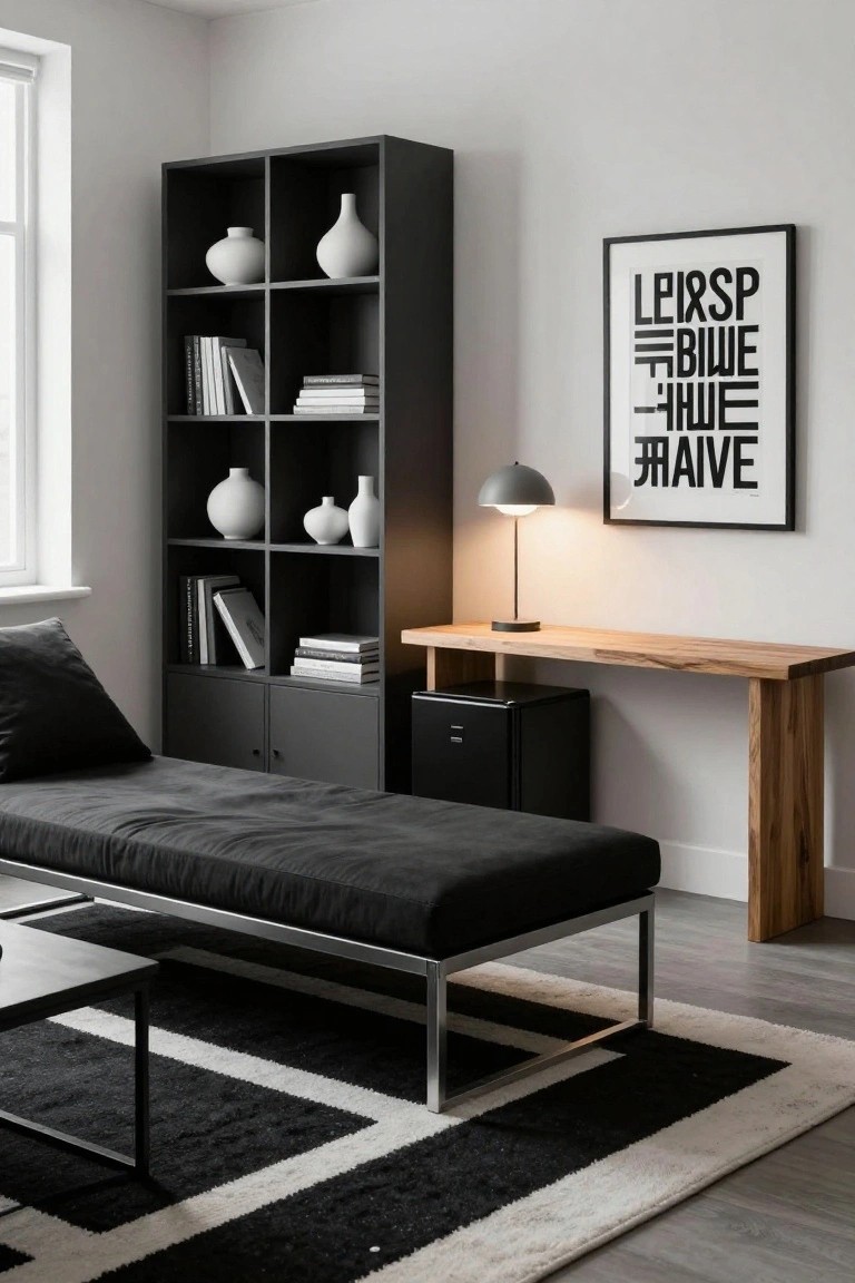 Minimalist indoor corner with black metal daybed on black and white rug, flanked by tall black bookshelves holding white vases and books, wooden console table with lamp and black mini fridge cabinet nearby, light walls and window.