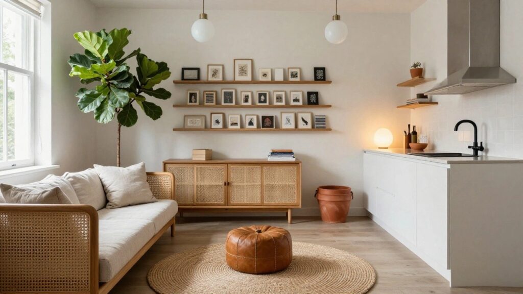 20 Fresh Studio Apartment Decor Ideas That Instantly Upgrade Your Look Studio apartment corner with a bed featuring rattan headboard and light linens next to a white kitchen counter, shelves with books and art above, potted plant, and tan leather pouf on wood floors.