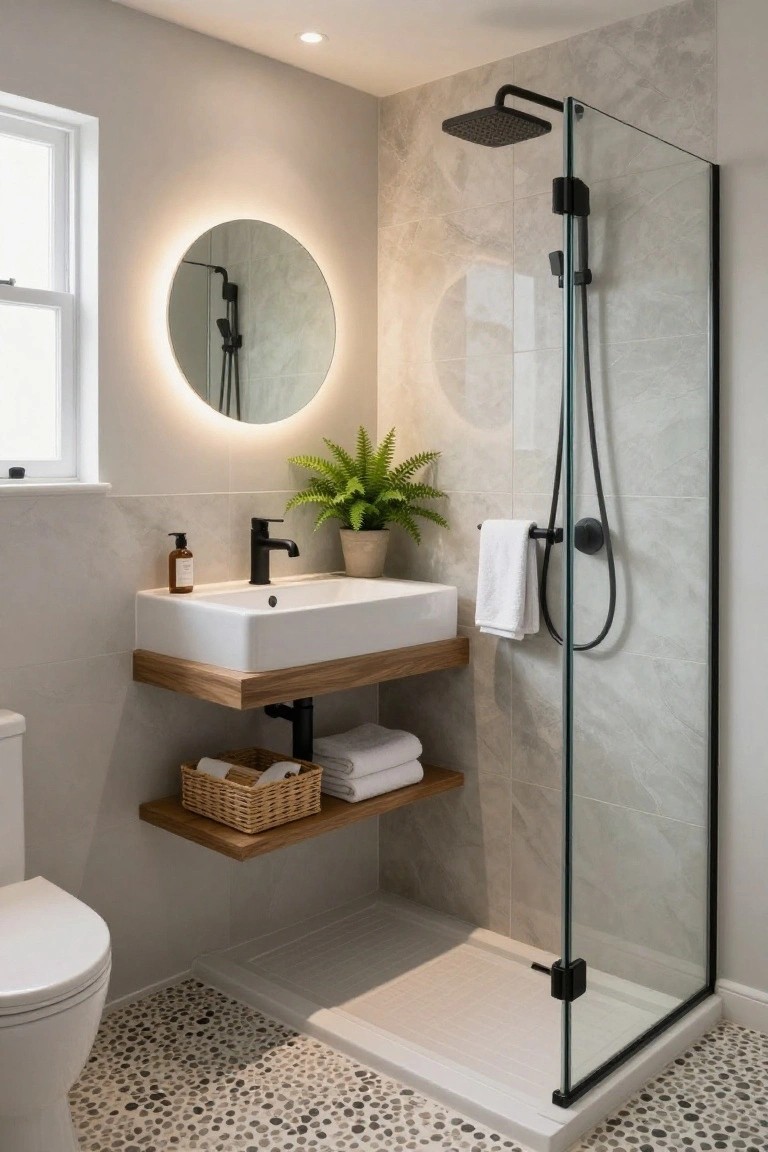 Compact modern bathroom with wall-mounted white sink on wooden shelf holding basket and towels, glass walk-in shower, white toilet, round backlit mirror, fern plant, and pebble floor tiles.