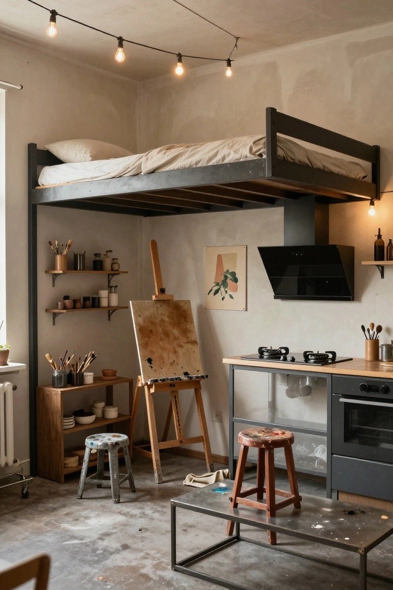 Small studio apartment interior with elevated metal loft bed above kitchen area and art easel, wooden shelves, stools, and string lights on unfinished walls and concrete floor.