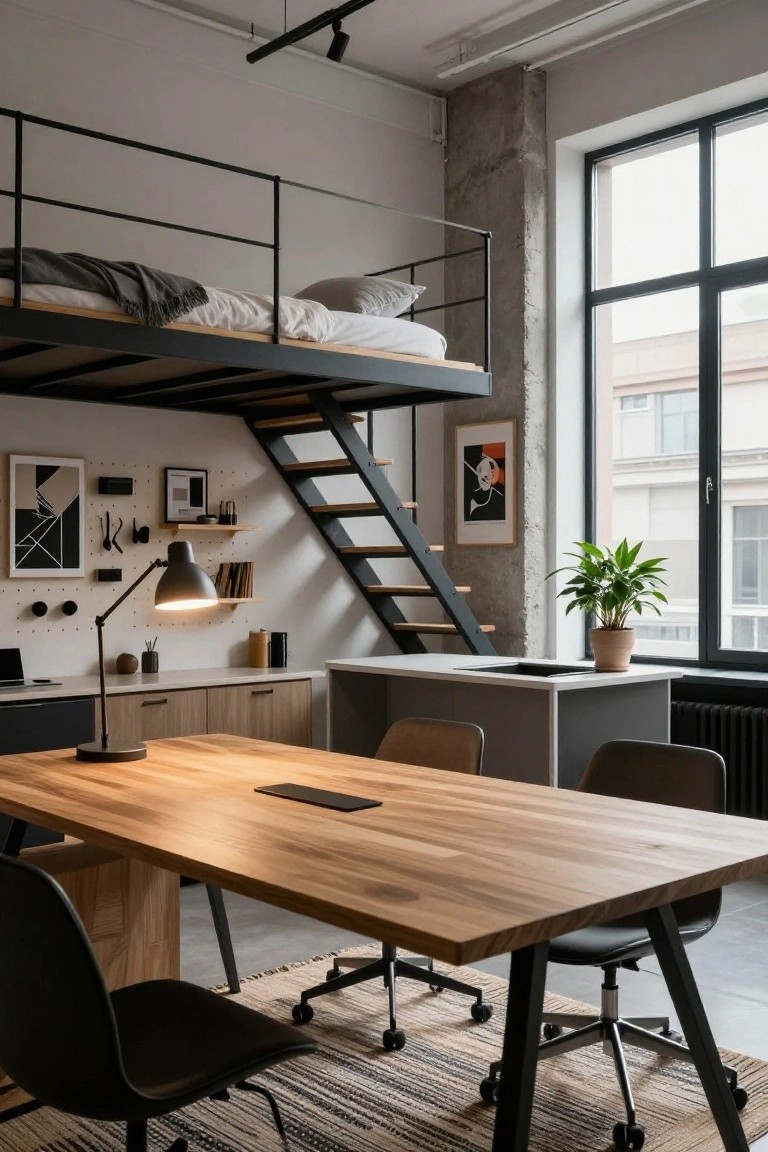 Studio apartment interior with elevated metal loft bed platform, wooden desk and chairs below, metal stairs, large windows, and exposed brick wall.