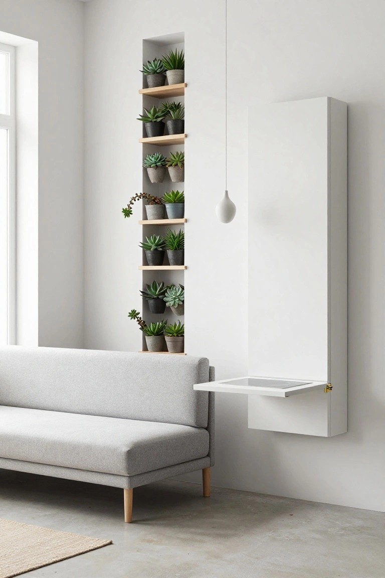 Tall white wall recess with multiple oak shelves holding various potted succulents, a white pendant light hanging in front, tall white wall cabinet with fold-down desk to the right, gray fabric sofa on concrete floor with seagrass rug in foreground.