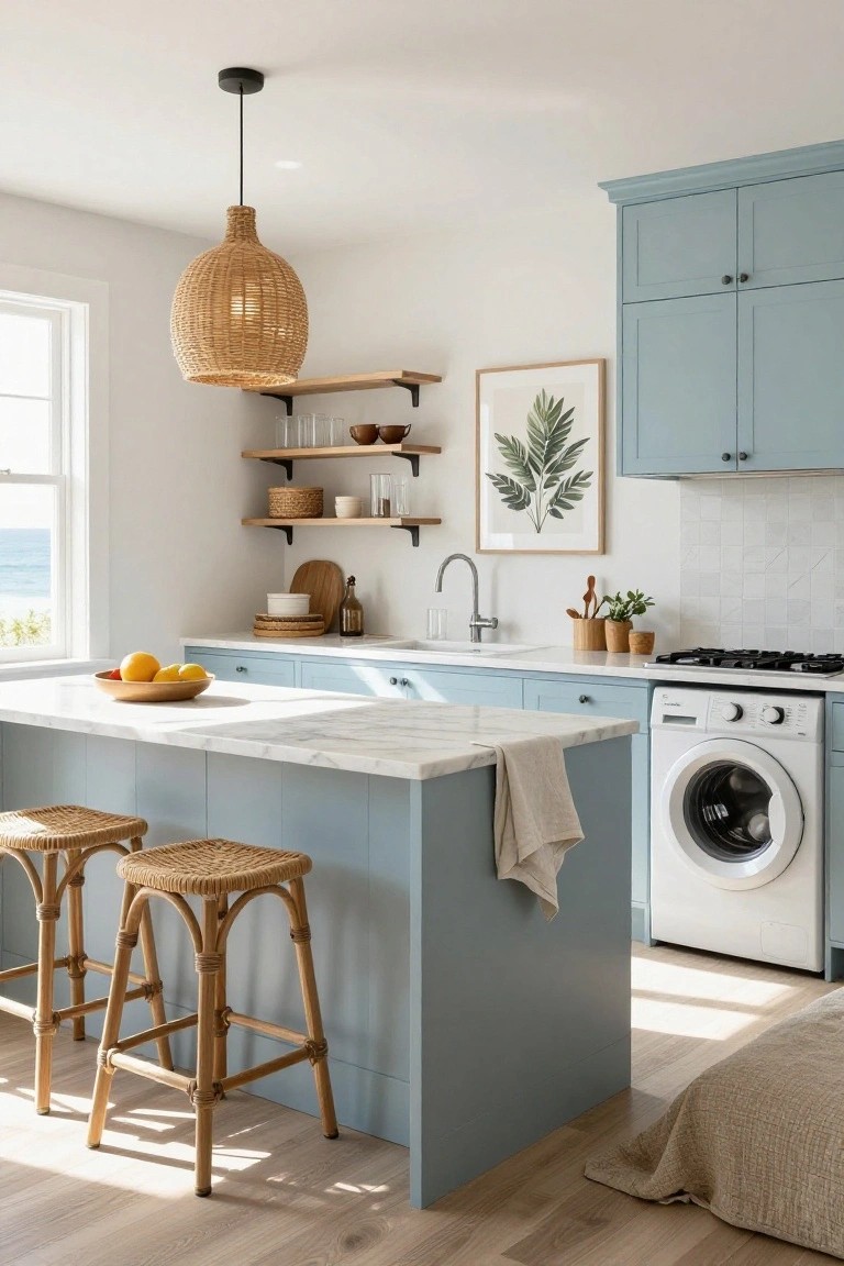 Bright kitchen interior with light blue cabinets, white marble island topped with lemons in a bowl and two rattan bar stools, woven pendant light overhead, open wooden shelves with ceramics, sink area with plants, gas cooktop, and white washer nearby, window showing ocean view.