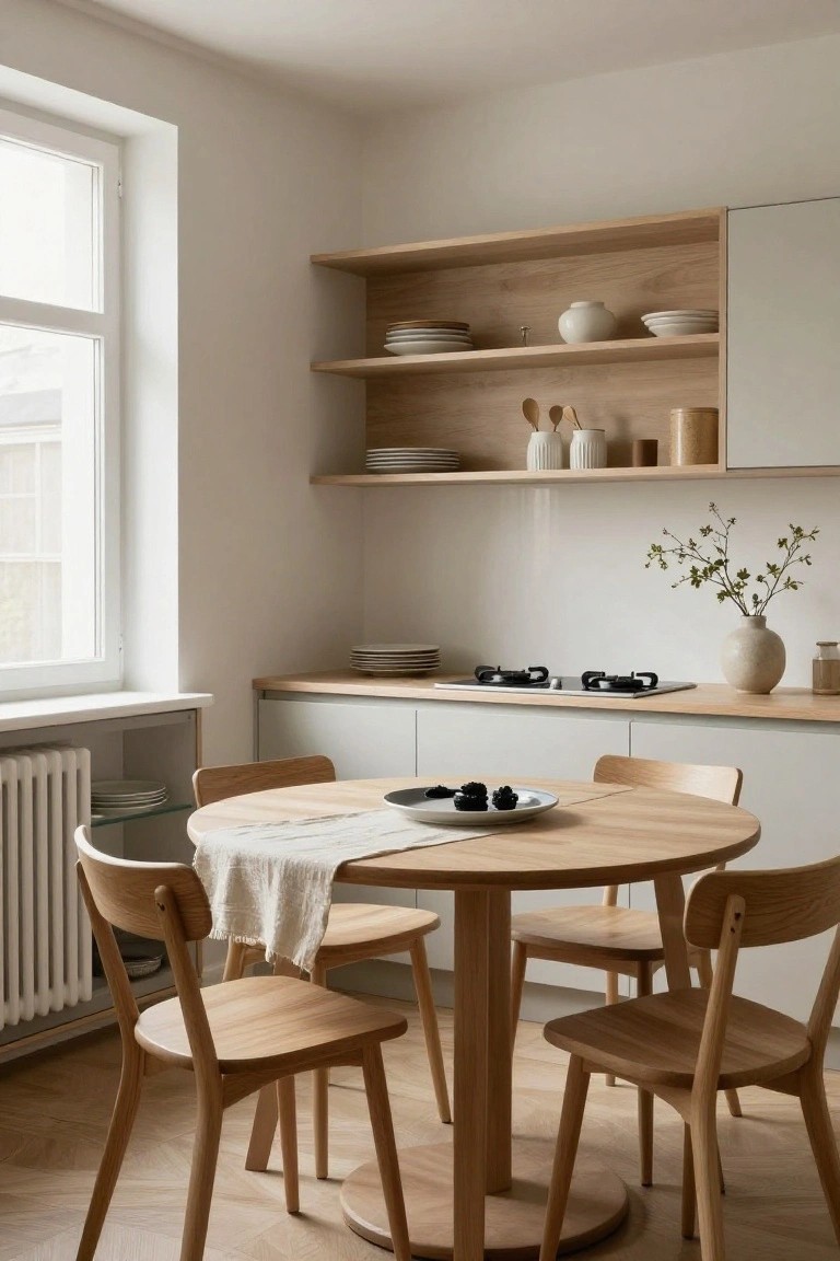 A compact kitchen with white and light wood cabinets, open oak shelves holding plates and ceramics, a gas cooktop, and a round oak dining table with four wooden chairs and a table runner.