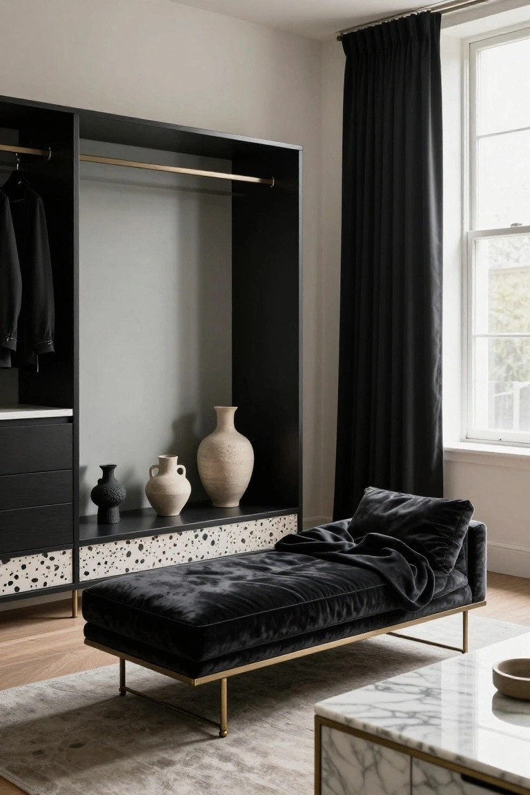 Modern interior of a dressing room with open black wardrobes holding clothes, shelves displaying black and beige ceramic vases, a low black velvet chaise lounge on gold legs, a marble side table, and a window draped in black curtains.