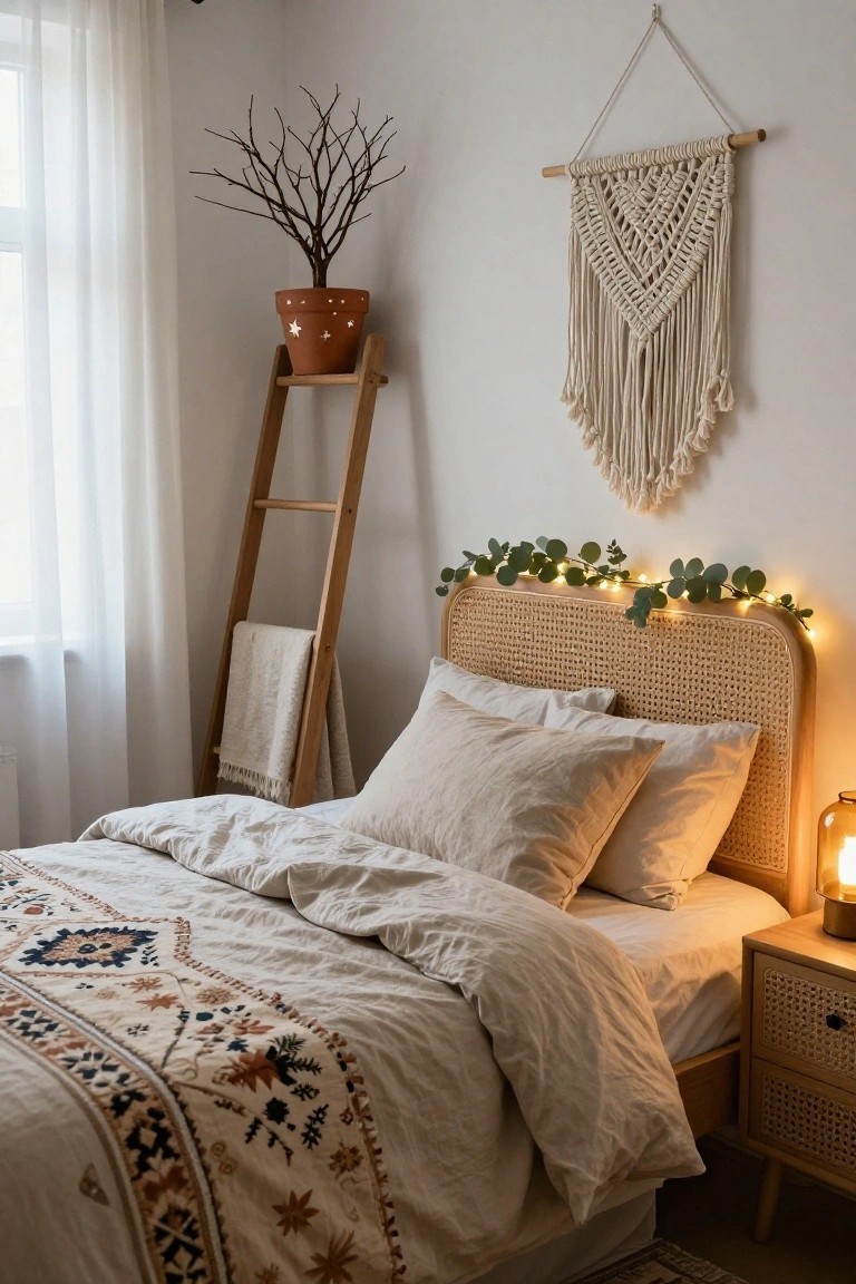 Cozy apartment bedroom with rattan headboard topped by eucalyptus garland and fairy lights, wooden ladder shelf with potted plant and folded towel, macrame wall hanging, neutral linens on bed, sheer curtains, and bedside lamp.