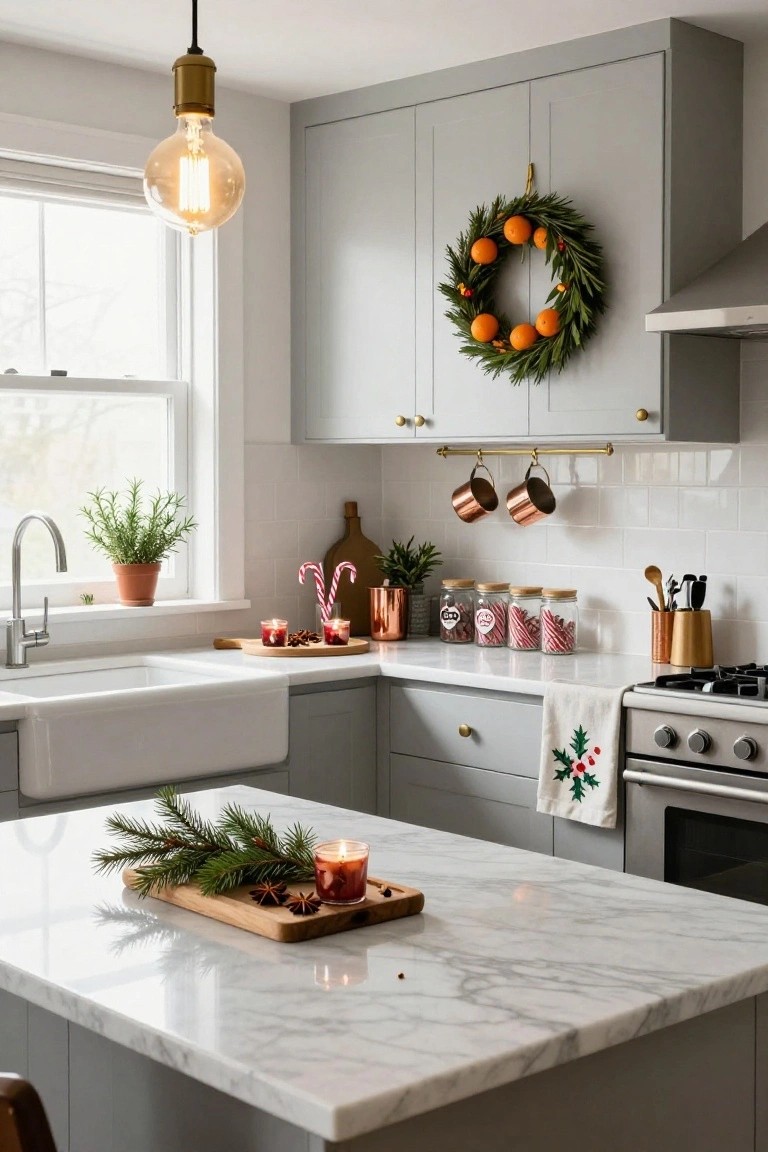 Modern gray kitchen with white subway tile, marble island, and Christmas decorations including a wreath of greenery and oranges on the cabinet above the stove, copper pots hanging from a rail, candy canes in glass jars on the counter, and pine branches with star anise on a wooden board on the island.