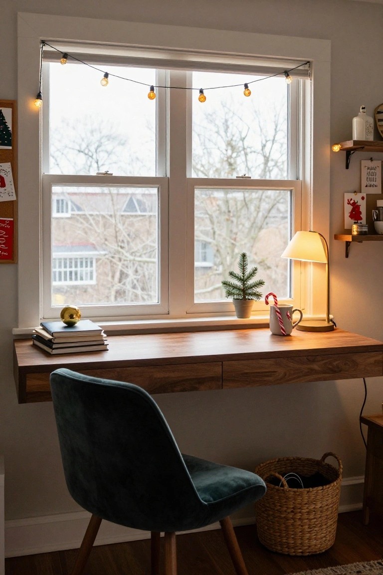 Wooden desk integrated into a room's window sill, with stacked books, gold ornament, mini potted Christmas tree, candy cane mug, string lights above the window, green velvet chair, and shelves nearby in a cozy interior.