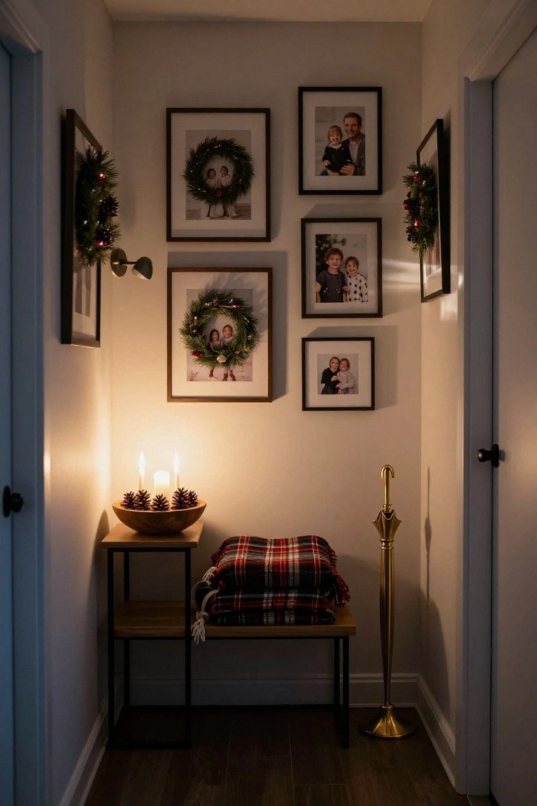 Narrow beige hallway alcove with wooden bench draped in red plaid blanket, side table holding wooden bowl of pinecones and lit candles, walls displaying family photos in frames with Christmas wreaths, gold umbrella stand, and wall sconce.