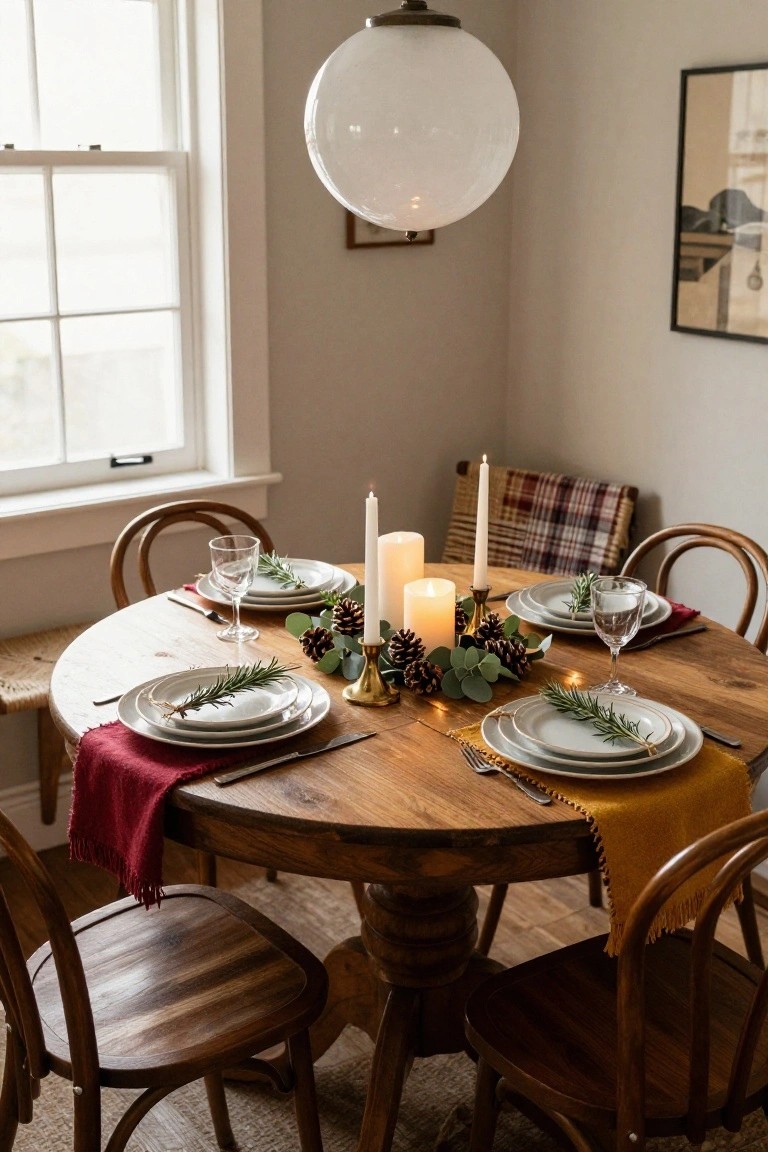 Cozy wooden dining table set with plates, candles, pinecones, and greenery accents.