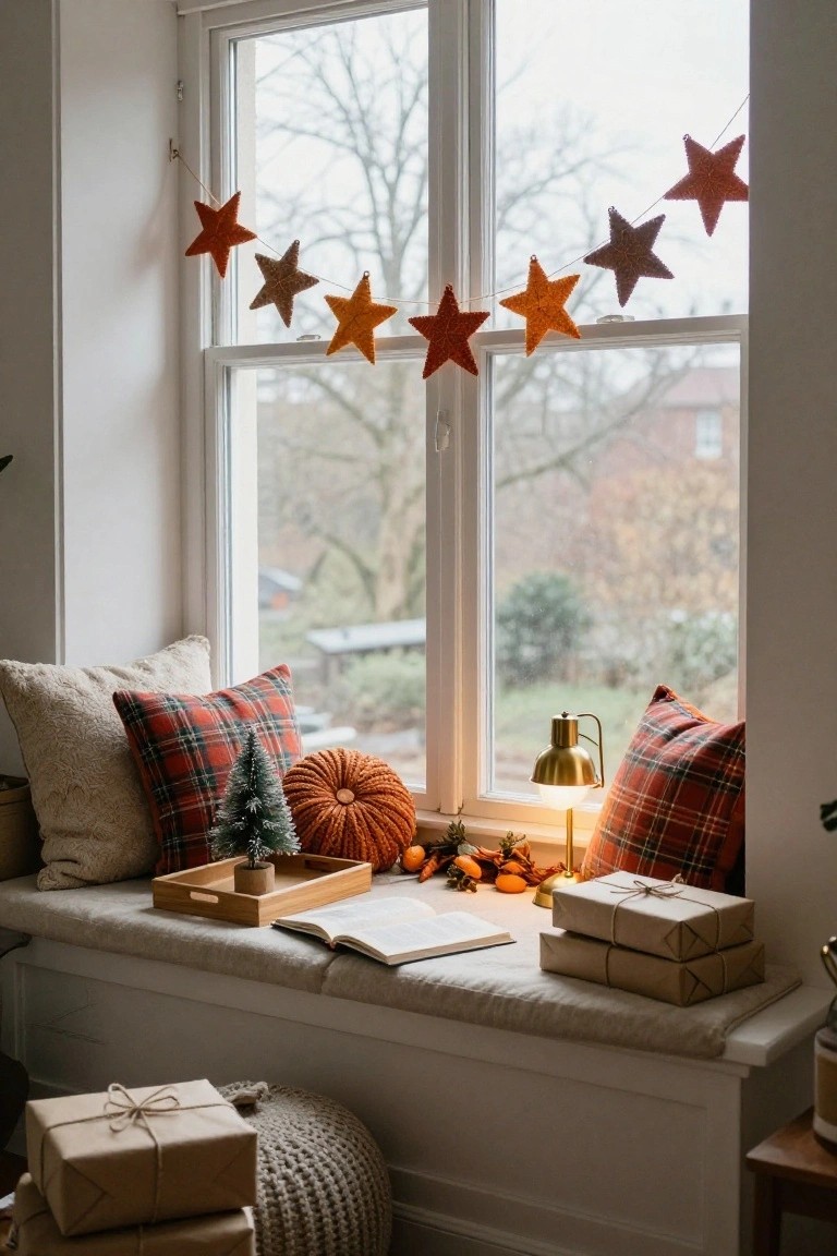 Window seat with cream and plaid pillows, small green Christmas tree, orange pom-pom pumpkin, open book, stacked wrapped gifts, and orange felt star garland hanging above a large window overlooking trees and garden.