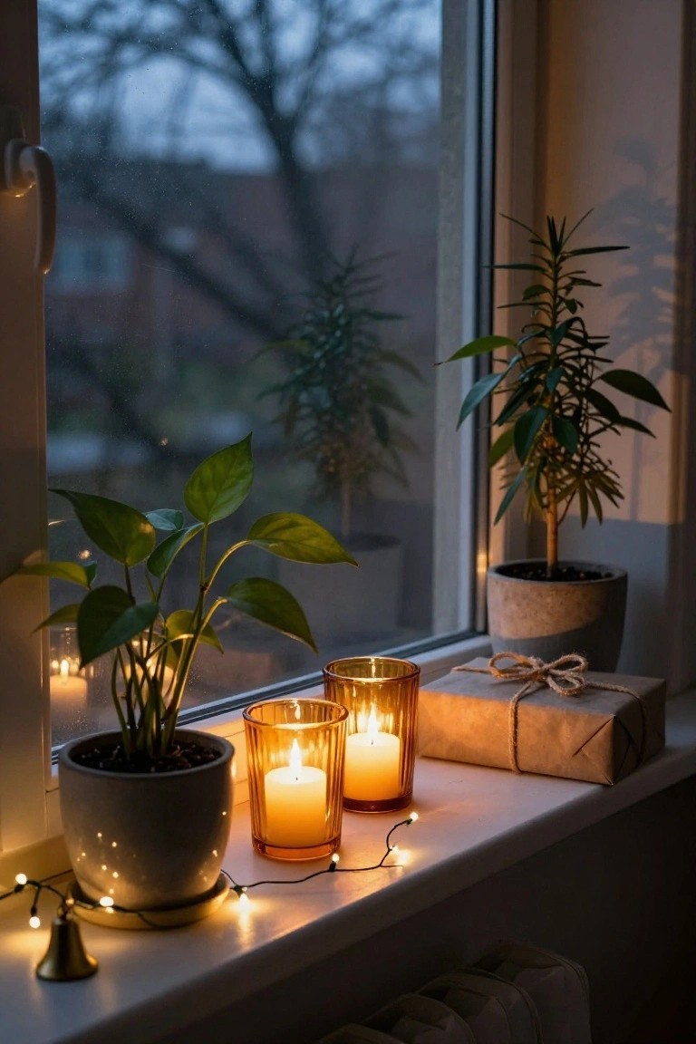 Windowsill inside a room with potted green plants, two lit candles in glass holders, a wrapped brown gift box tied with twine, fairy lights, and a small gold bell, viewed at dusk with rainy trees and buildings outside and a radiator below.