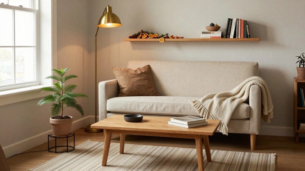 Cozy living room corner with beige sofa draped in knit throw, wooden coffee table holding books and bowl of white balls, small potted fir tree by window, floor lamp, and shelf garland with dried oranges.