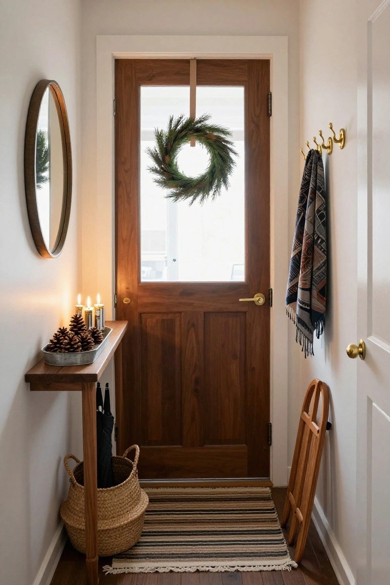 Narrow white entryway with wooden console table holding pinecones in metal tray and candles, round gold mirror, coat hooks with scarf, front door with evergreen wreath, umbrella basket, striped rug, and wooden sled leaning against wall.