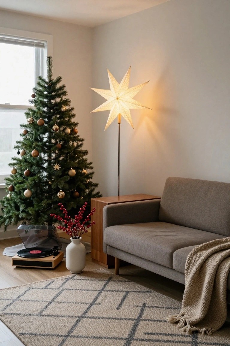 Cozy apartment living room corner with a lit green Christmas tree decorated in gold and brown ornaments next to a tall glowing star-shaped paper floor lamp, gray sofa on wood legs, record player on floor, white vase with red berries, and beige woven rug.