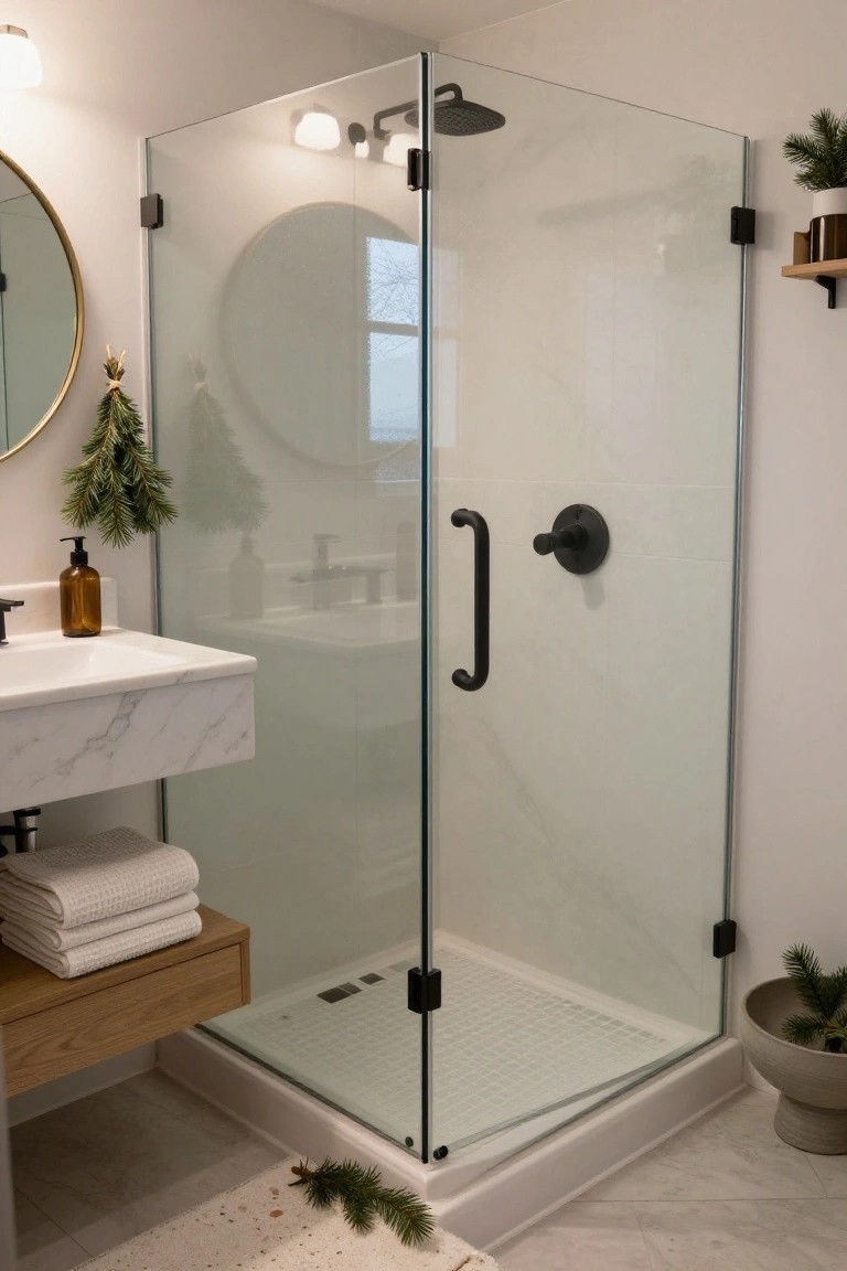 A modern white bathroom with a glass shower enclosure, marble countertop vanity, round mirror, and Christmas decorations including pine branches on the mirror, garlands, and potted plants.