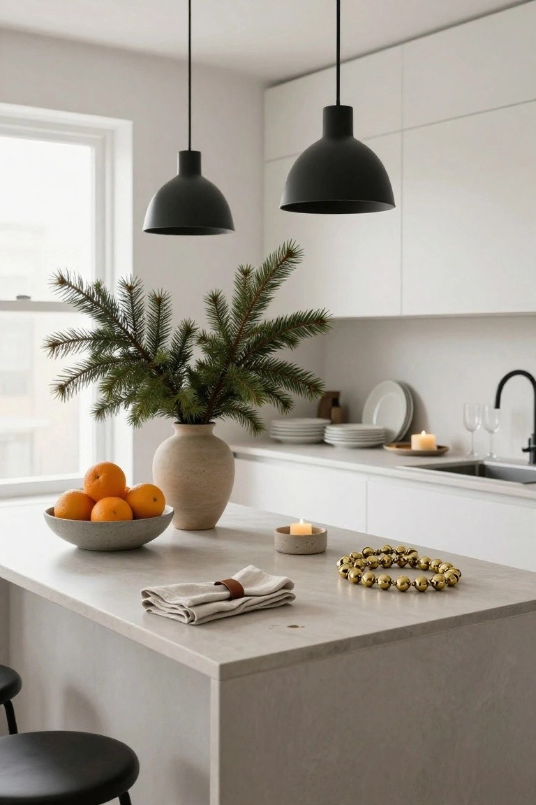 Modern white kitchen island topped with a beige vase of fir branches, gray bowl of oranges, small candles, folded napkin with leather tie, and gold bead necklace, with black pendant lights overhead and stools nearby.