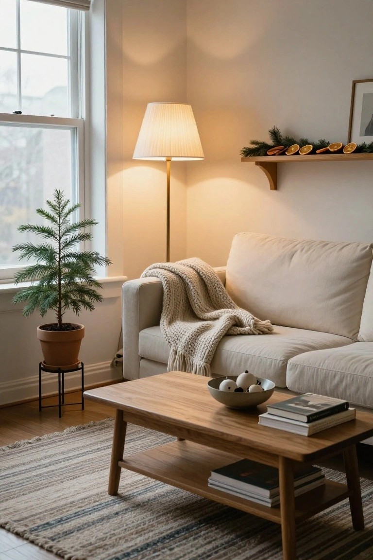 Cozy living room corner with beige sofa draped in knit throw, wooden coffee table holding books and bowl of white balls, small potted fir tree by window, floor lamp, and shelf garland with dried oranges.