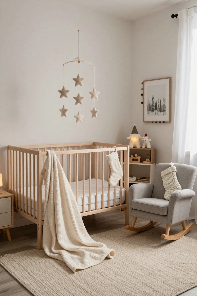 Light wood crib with cream blanket and white knit Christmas stocking hanging from the side, next to gray upholstered rocking chair with matching stocking, in a neutral nursery with wool star mobile overhead and plush holiday figures on shelf.