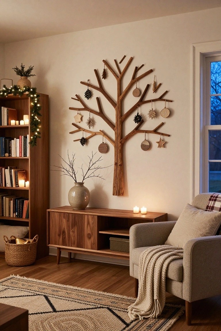 Cozy indoor living room corner featuring a large wooden branch tree mounted on a beige wall with hanging Christmas ornaments including pinecones and stars, flanked by wooden bookshelves with garland, a credenza, armchair, and potted plants.