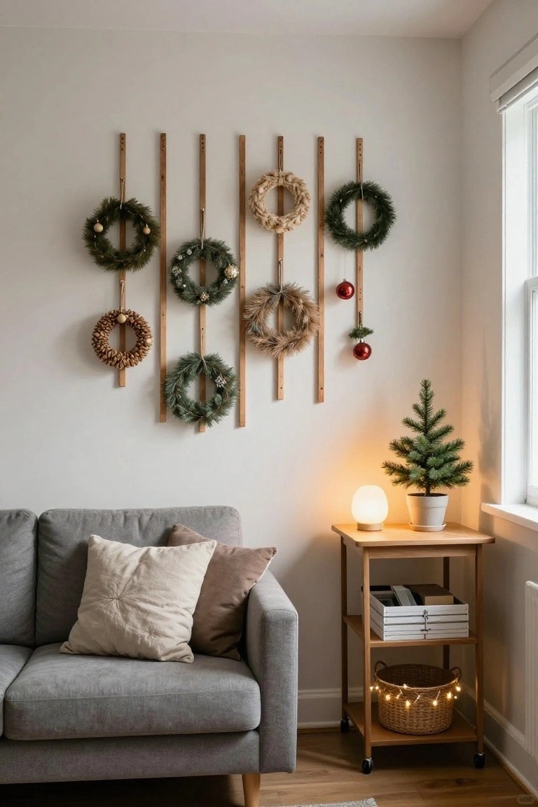 Corner of a living room featuring a gray sofa, wooden side table with a small potted Christmas tree, white lamp, and woven basket, next to a white wall with multiple wreaths of greenery, dried grass, and pinecones hung on vertical wooden rails beside a window.