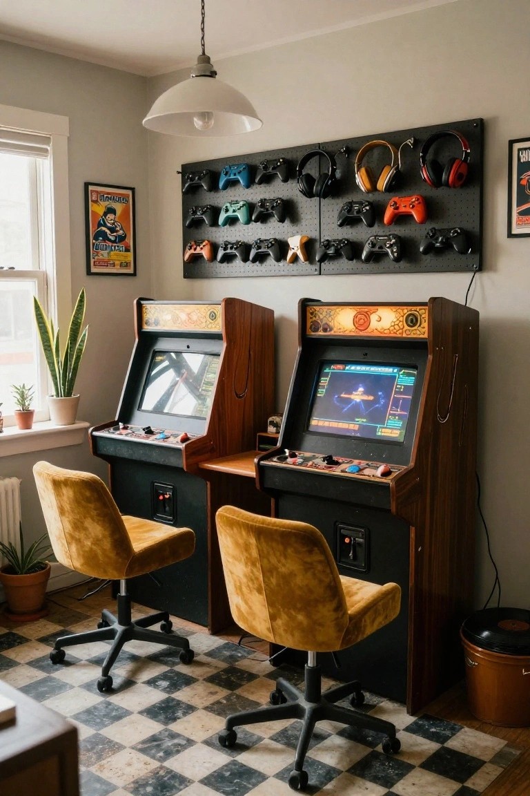 A home gaming room with two wooden arcade cabinets displaying sci-fi games on screens, mustard yellow velvet swivel chairs in front, a pegboard wall rack holding multiple controllers and headphones, potted plants by a window, and a black-and-white checkered floor.