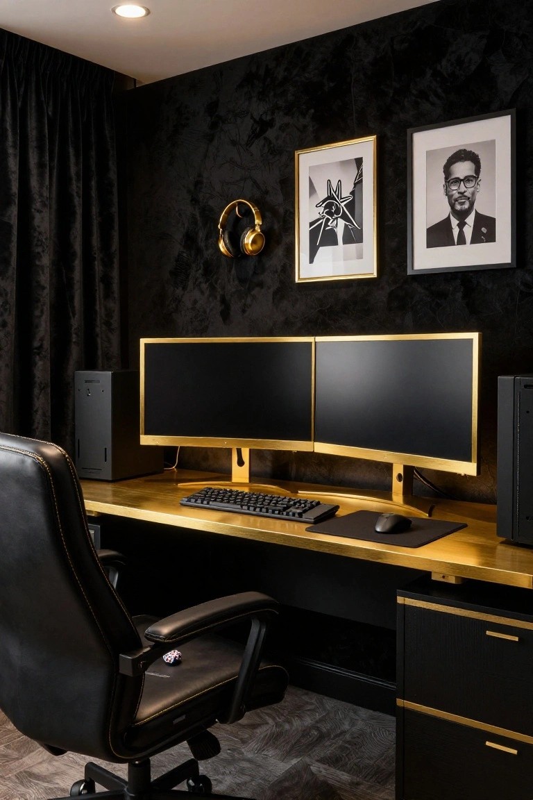Black-walled room with gold desk holding dual black monitors on gold stands, black PC towers, black leather office chair, gold headphones on wall, and black-and-white framed photos.