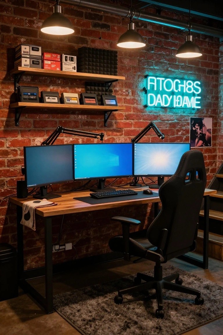 Gaming workstation in a brick-walled room with three monitors on a wooden desk, black racing chair, three boom microphone arms, neon sign on the wall, shelves with cassettes and acoustic foam, and pendant lights overhead.