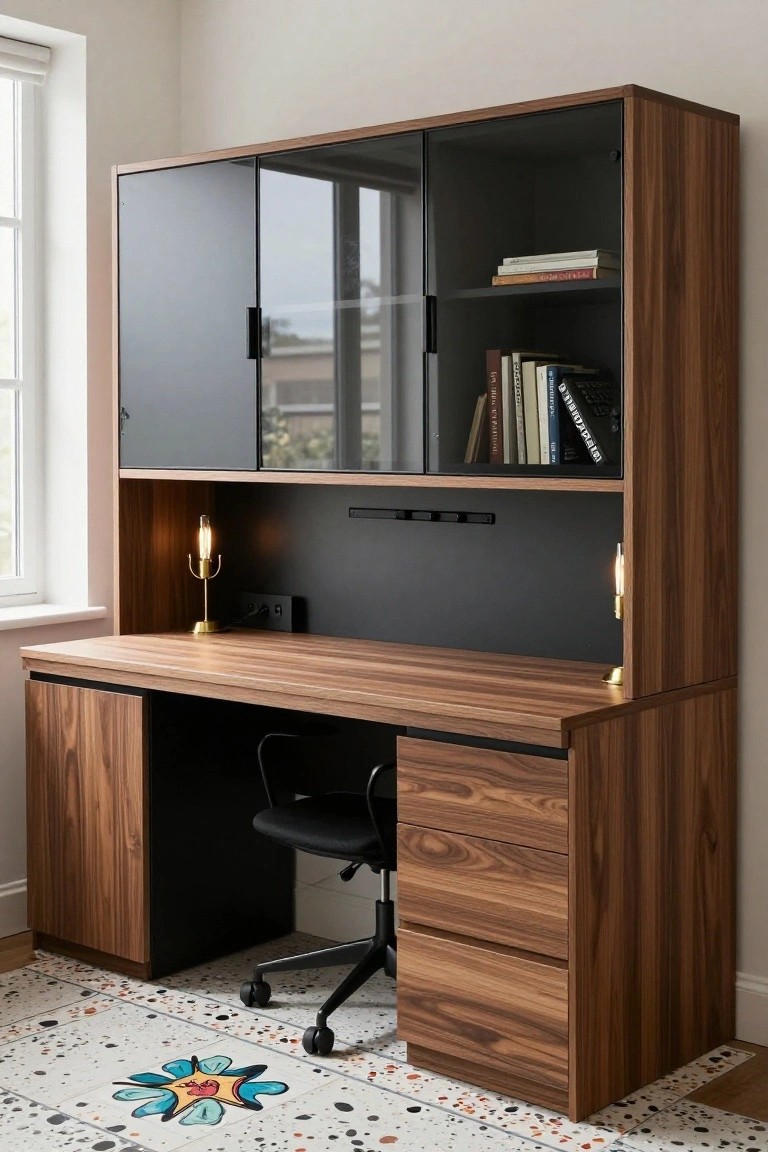 Tall walnut wood cabinet unit with desk, smoked glass doors on upper cabinets, open shelves holding books, two brass lamps on the desk surface, black swivel chair, and colorful patterned floor tile in a light-filled room with window.