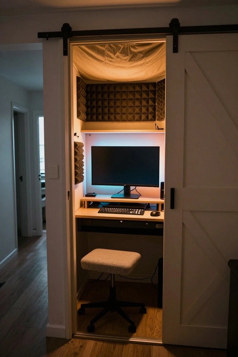 A narrow closet converted into a gaming station with a desk, monitor, keyboard, mouse, chair, acoustic foam panels on walls and ceiling, RGB lighting, and an open sliding barn door.