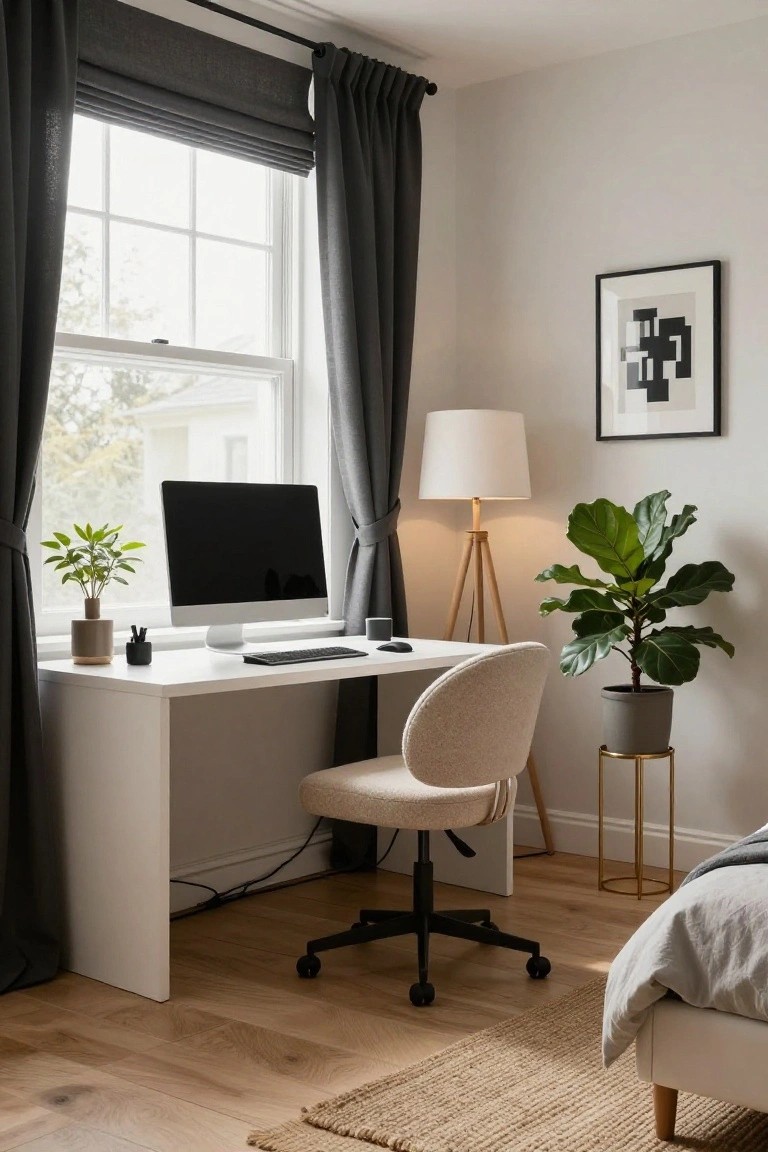 White desk with blank iMac screen, keyboard, cream fabric chair, potted plants, tripod lamp, abstract wall art, and bed in a light bedroom corner with window and gray curtains.