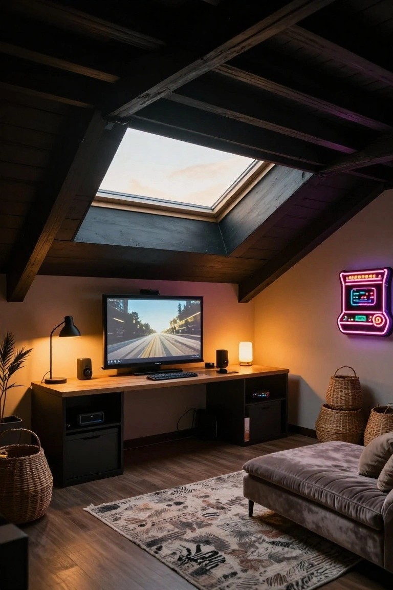 Attic room with sloped exposed wooden beam ceiling and skylight, wooden gaming desk with monitor and keyboard, neon arcade sign on wall, desk lamps, woven baskets, PC tower, and purple velvet chaise lounge on wood floor with patterned rug.