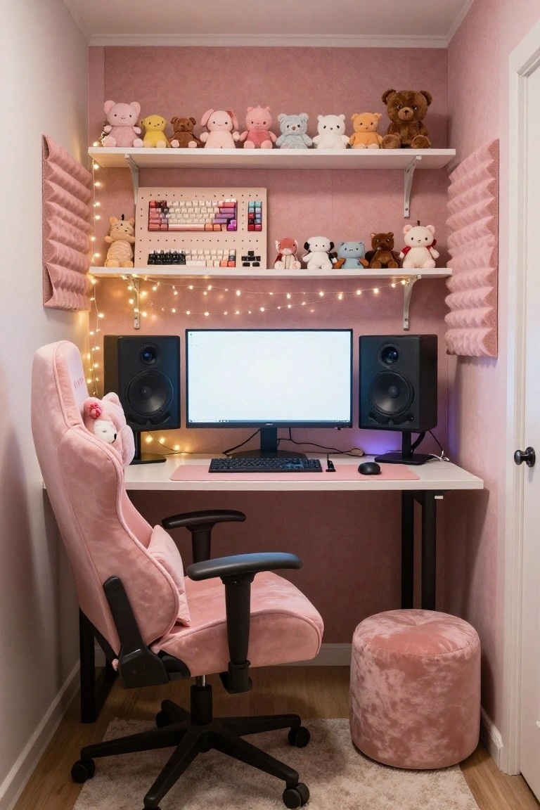 Pink-walled room with gaming desk, dual monitors, pink gaming chair with cat ears, studio monitors, mechanical keyboard, mouse, plush toys on shelves, fairy lights, and pink pouf stool.