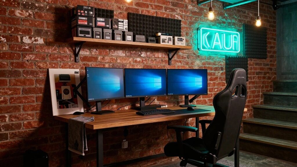 Gaming workstation in a brick-walled room with three monitors on a wooden desk, black racing chair, three boom microphone arms, neon sign on the wall, shelves with cassettes and acoustic foam, and pendant lights overhead.