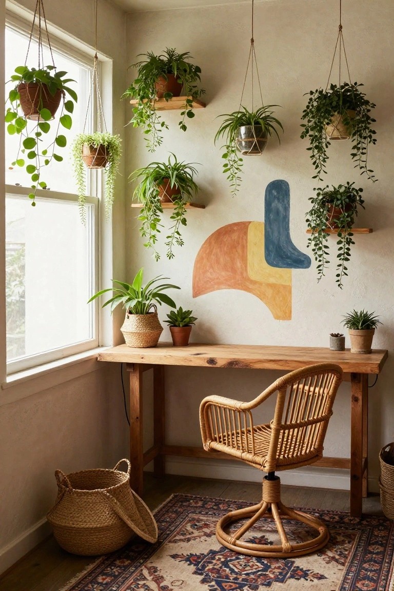 Indoor corner with wooden desk, rattan swivel chair, numerous hanging and potted plants on shelves and ropes, abstract geometric wall art, seagrass baskets, and woven rug near a window.