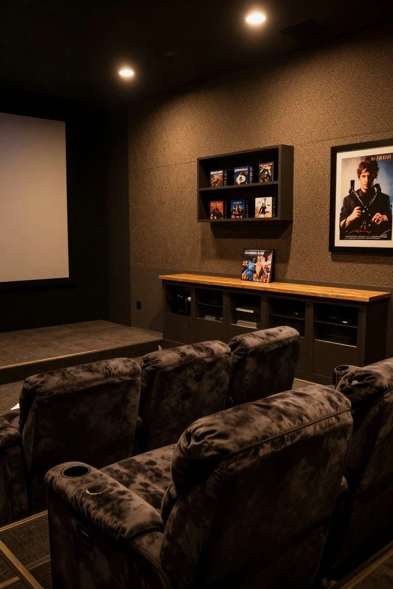 Home theater room with large blank projection screen, tiered platform holding rows of gray upholstered reclining chairs with cup holders, wooden cabinet below screen with media equipment and shelves displaying Blu-ray cases, movie poster on wall, and recessed ceiling lights.
