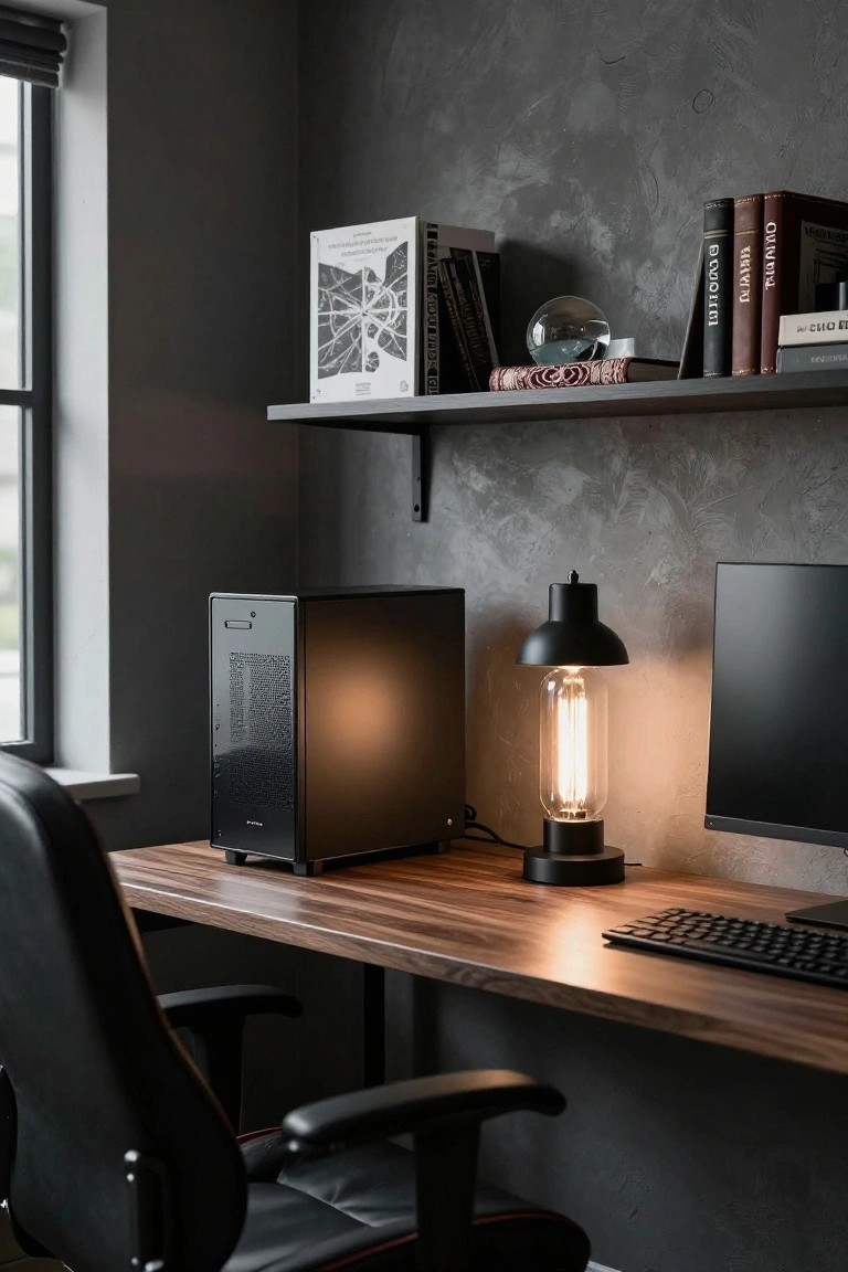 Corner view of a gaming desk setup with wooden desk, black PC tower, monitor, keyboard, industrial lamp with exposed bulb, black leather gaming chair, floating shelf with books and glass orb, against gray textured wall and window.