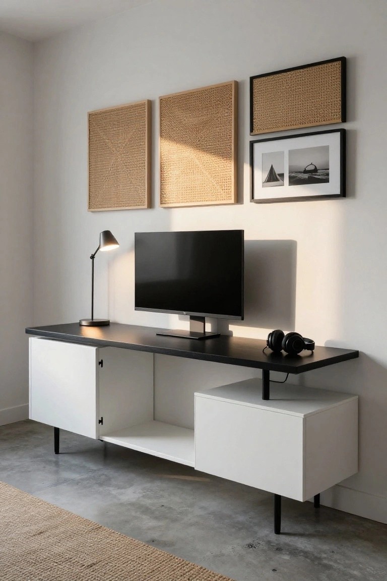 A white asymmetrical desk with black top, monitor, adjustable lamp, headphones, and woven wall art in a bright room with concrete floor.