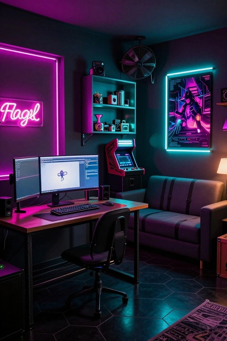Dark interior gaming room with wooden desk holding dual monitors, keyboard and mouse, black office chair, nearby red arcade machine, purple neon "Fagl" sign, green and cyan LED lights, shelves with decor, and gray sofa.